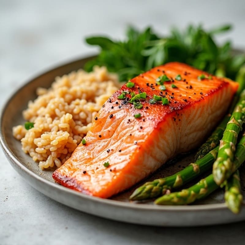 Seared Salmon Fillet with Steamed Asparagus and Brown Rice