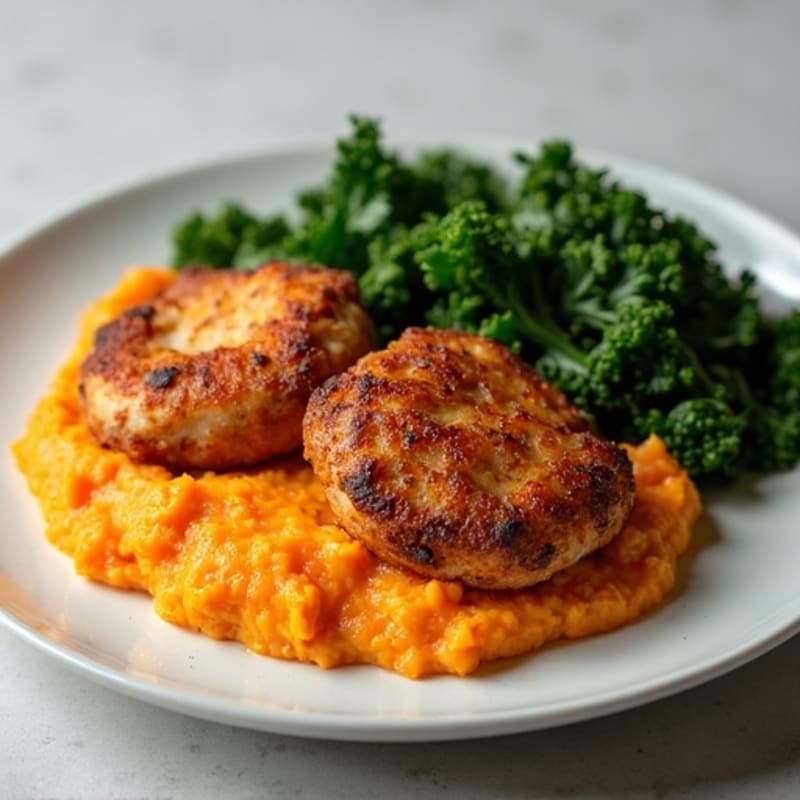 Crispy Chicken Thighs with Creamy Sweet Potato Mash and Sautéed Greens