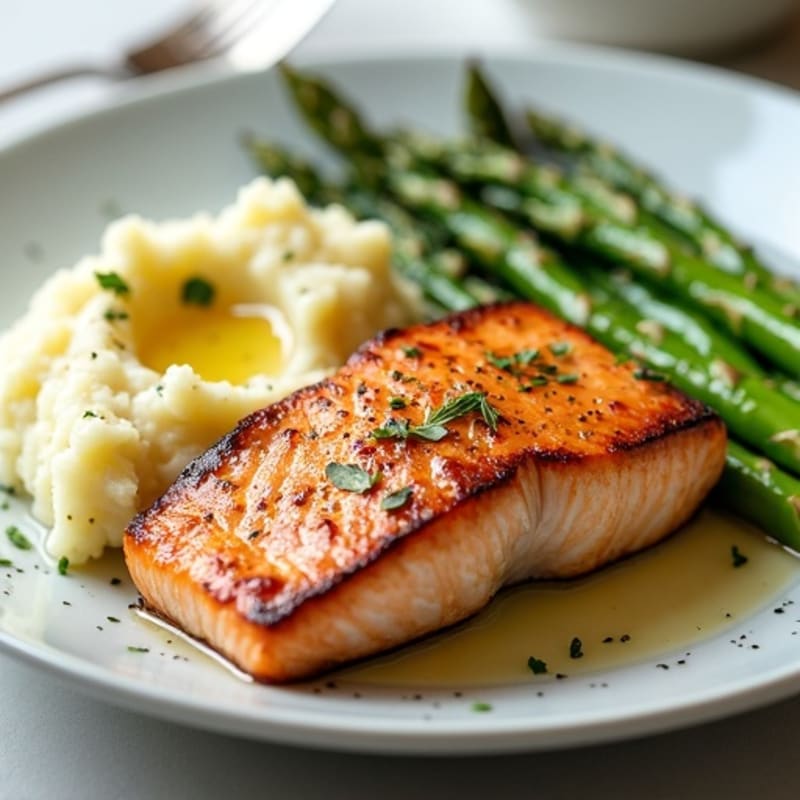 Seared Salmon with Steamed Asparagus and Garlic Mashed Potatoes