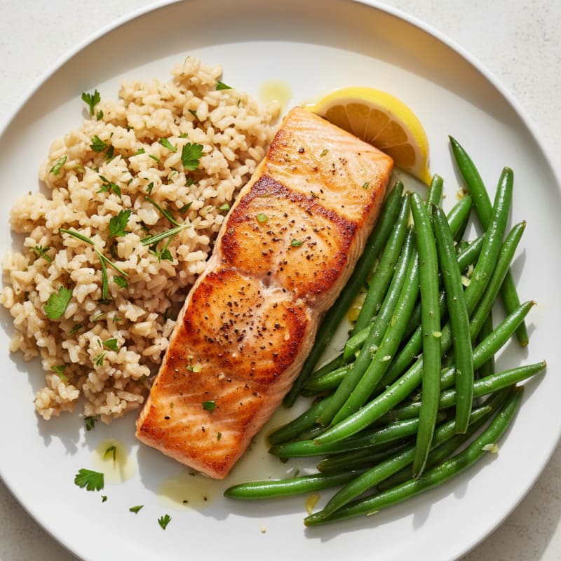 Seared Salmon Fillet with Steamed Green Beans and Herb Brown Rice