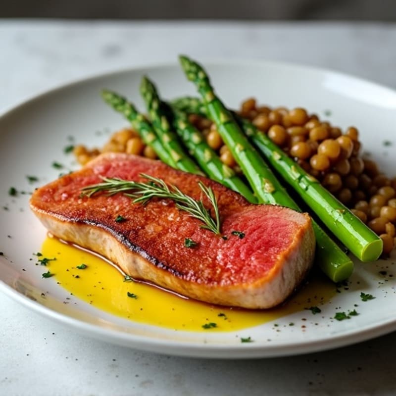 Seared Tuna Steak with Roasted Asparagus and Lentil Salad