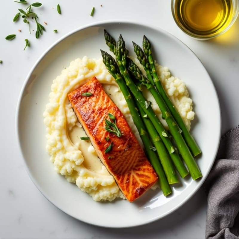 Seared Salmon with Steamed Asparagus and Mashed Cauliflower