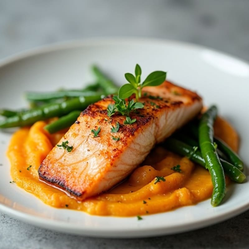 Seared Salmon Filet with Garlic Green Beans and Sweet Potato Mash