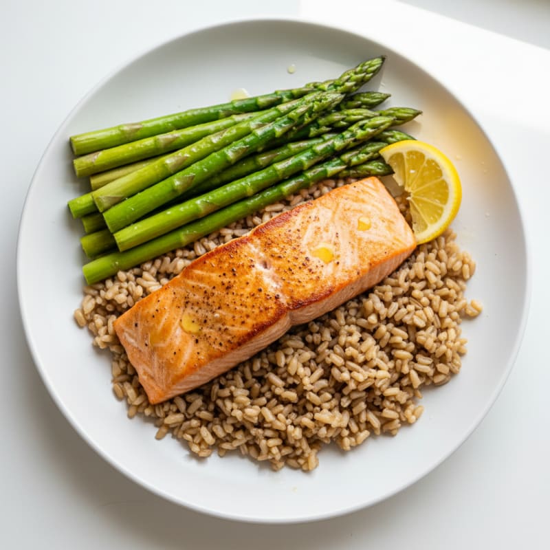 Seared Salmon with Steamed Asparagus and Brown Rice
