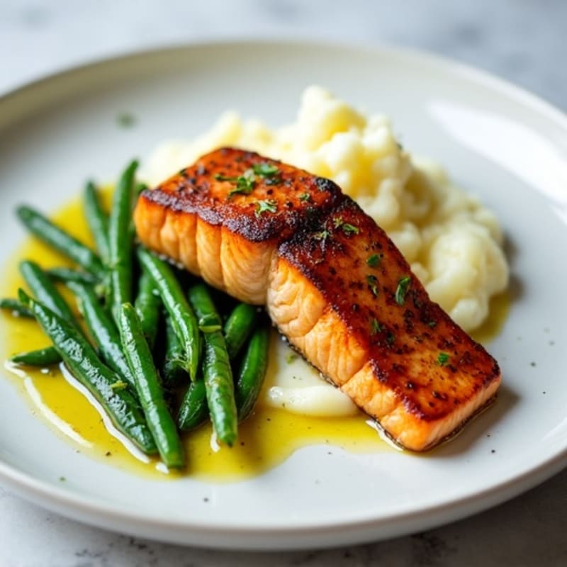 Pan-Seared Salmon with Steamed Green Beans and Cauliflower Mash