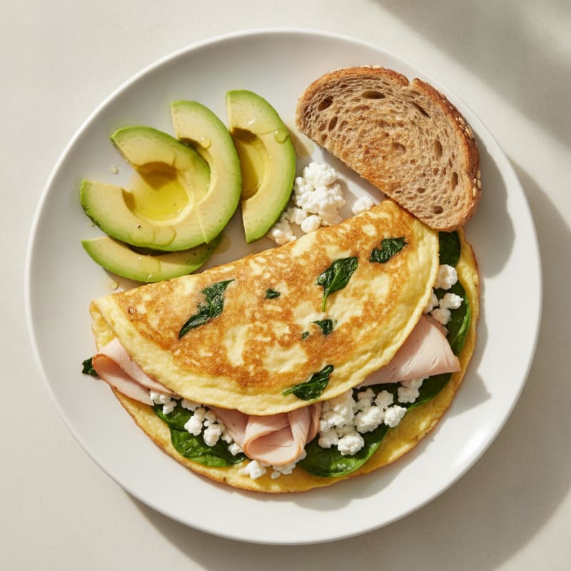 Egg White Spinach Omelette with Cottage Cheese and Sliced Turkey