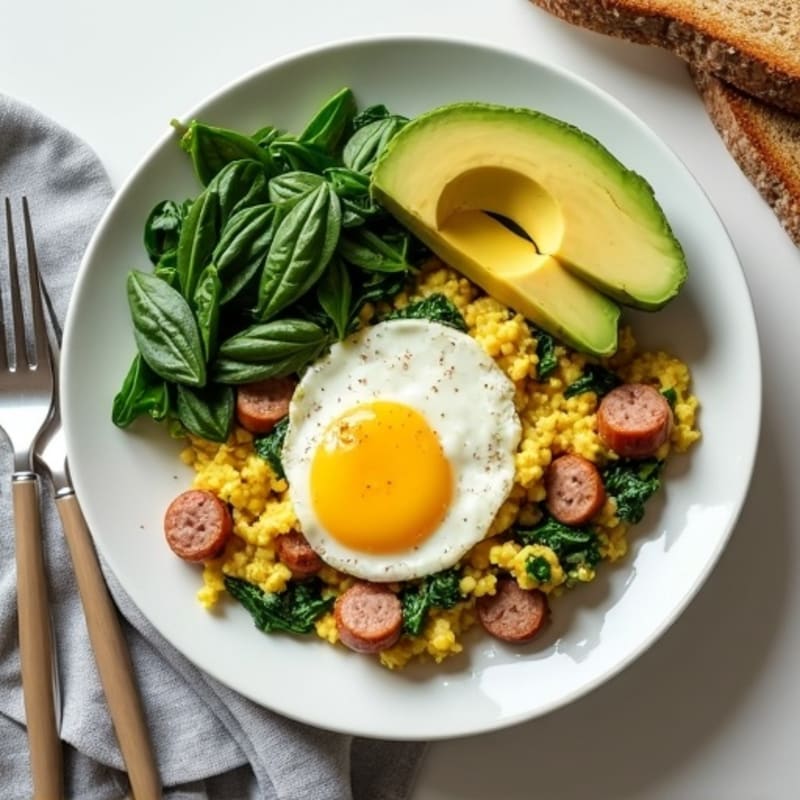 Egg White and Spinach Scramble with Turkey Sausage