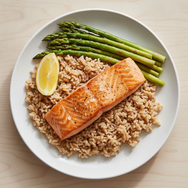 Seared Salmon Fillet with Steamed Asparagus and Brown Rice
