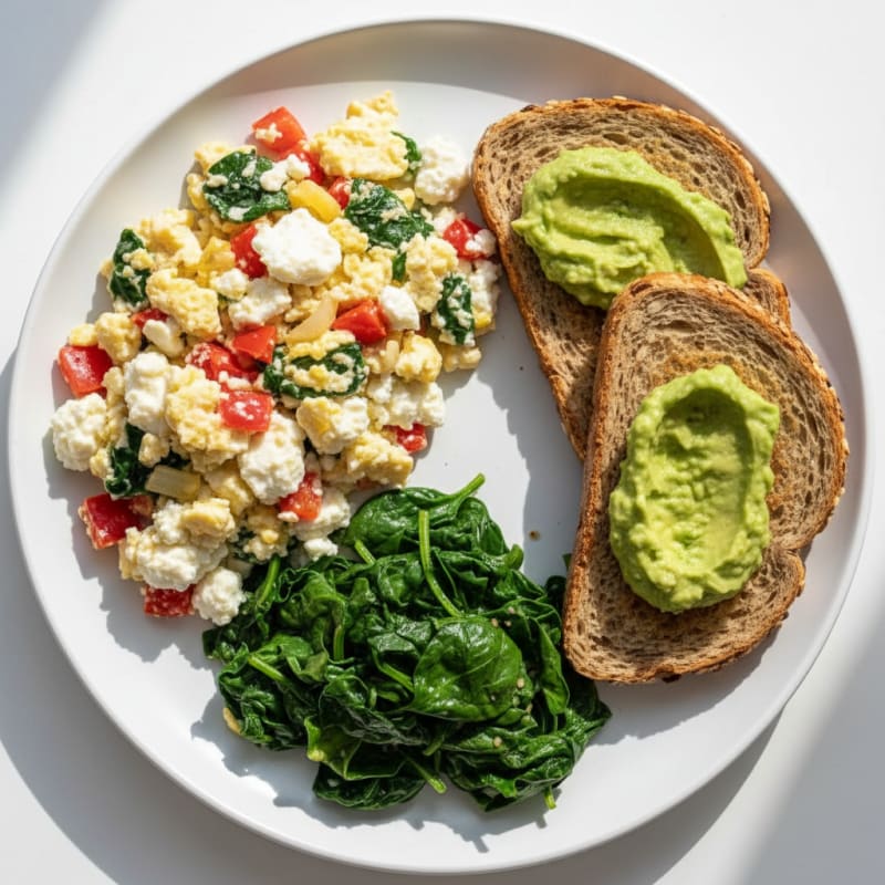 Egg White Veggie Scramble with Cottage Cheese and Sautéed Spinach