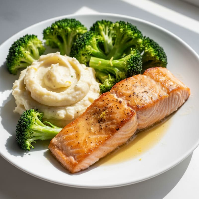 Seared Salmon with Steamed Broccoli and Garlic Mashed Potatoes