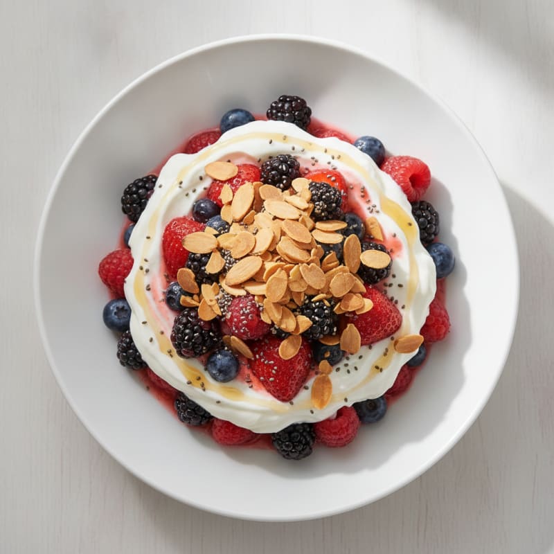 Greek Yogurt Protein Parfait with Mixed Berries and Almonds