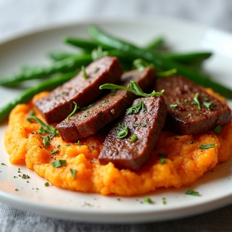 Seared Lean Beef Strips with Garlic Green Beans and Sweet Potato Mash