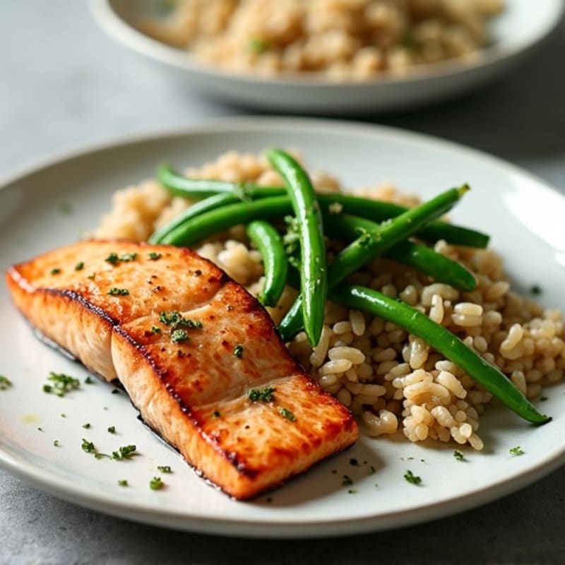 Seared Salmon with Garlic Green Beans and Brown Rice