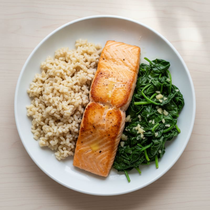 Seared Salmon with Garlic Spinach and Brown Rice