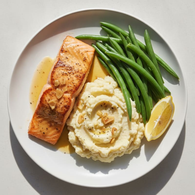 Seared Salmon with Steamed Green Beans and Mashed Cauliflower