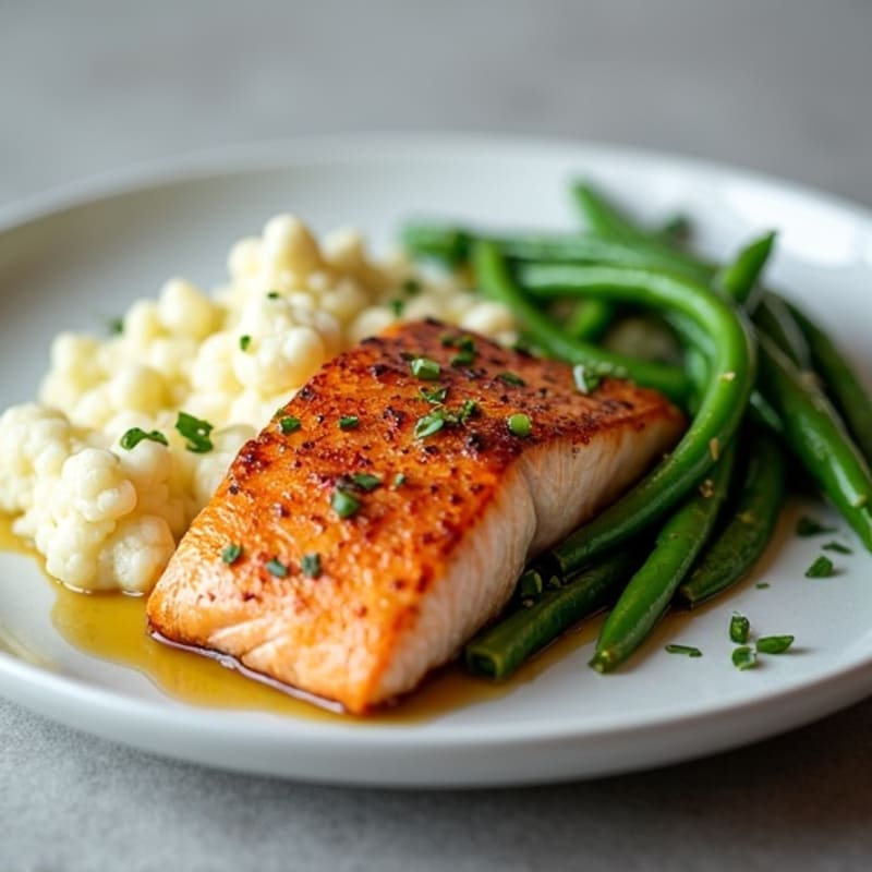 Seared Salmon with Garlic Green Beans and Cauliflower Mash