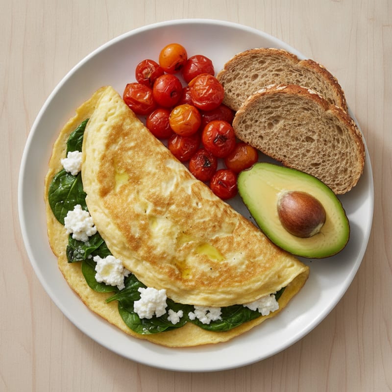 Egg White Spinach Omelette with Cottage Cheese and Cherry Tomatoes