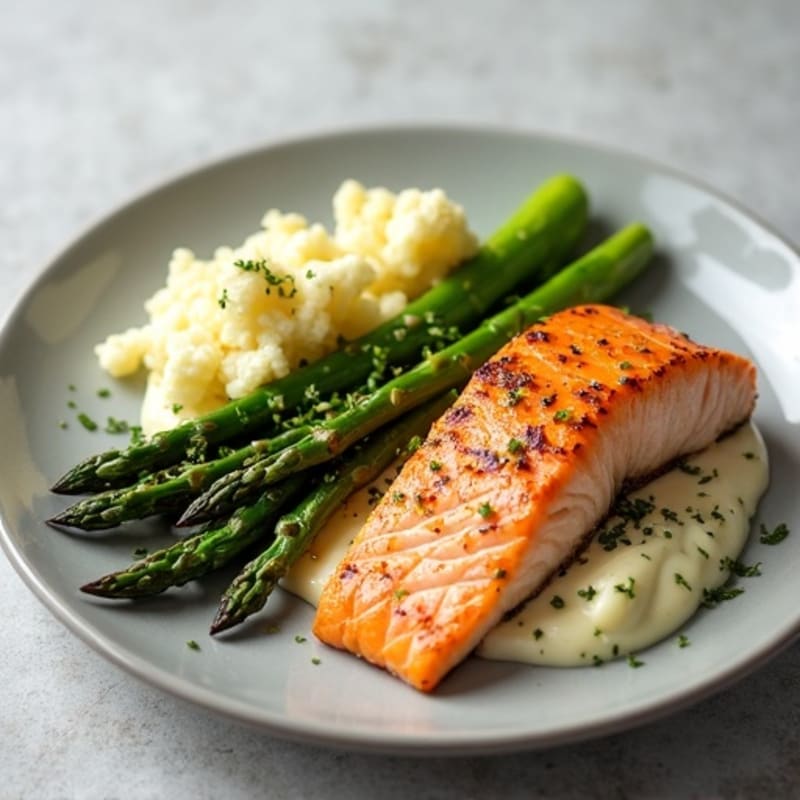 Seared Salmon with Roasted Asparagus and Garlic Mashed Cauliflower