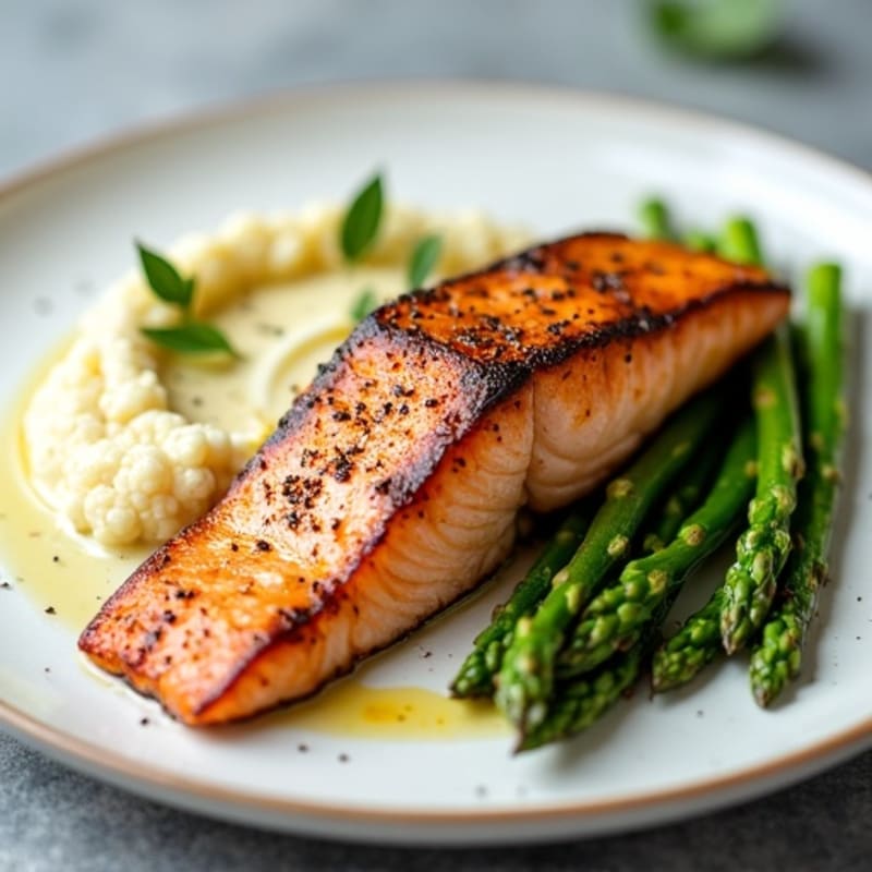 Seared Salmon Filet with Steamed Asparagus and Cauliflower Mash