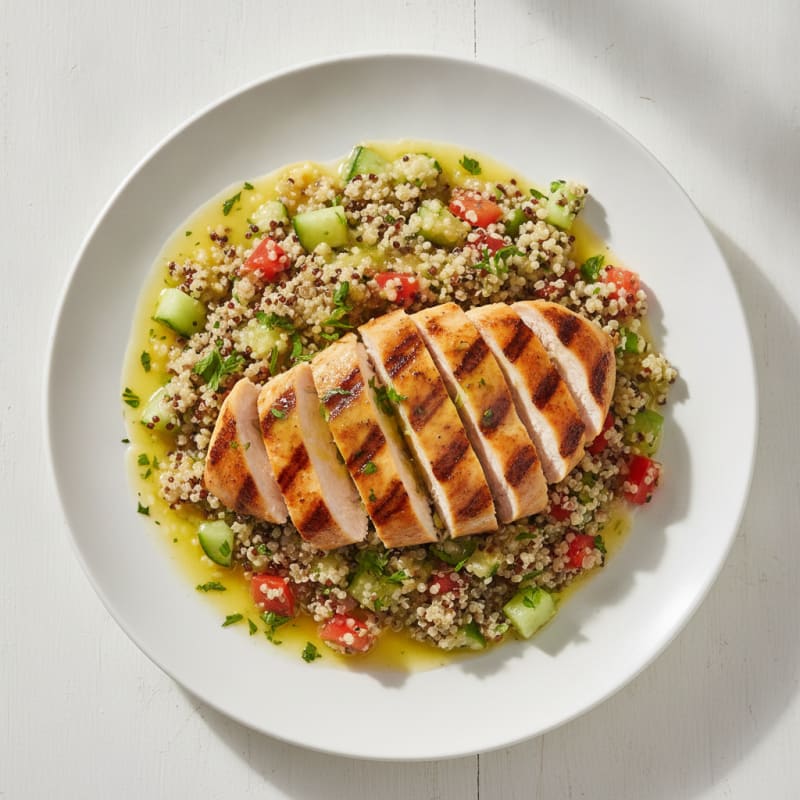 Grilled Chicken Breast with Crunchy Quinoa Salad and Lemon Vinaigrette