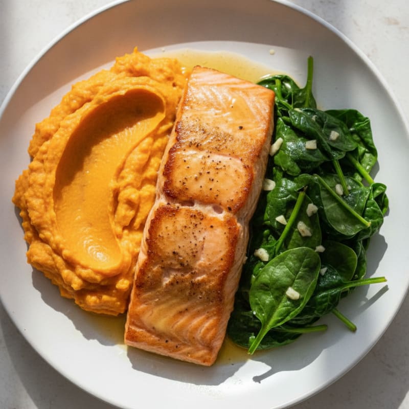 Pan-Seared Salmon with Garlic Spinach and Sweet Potato Mash