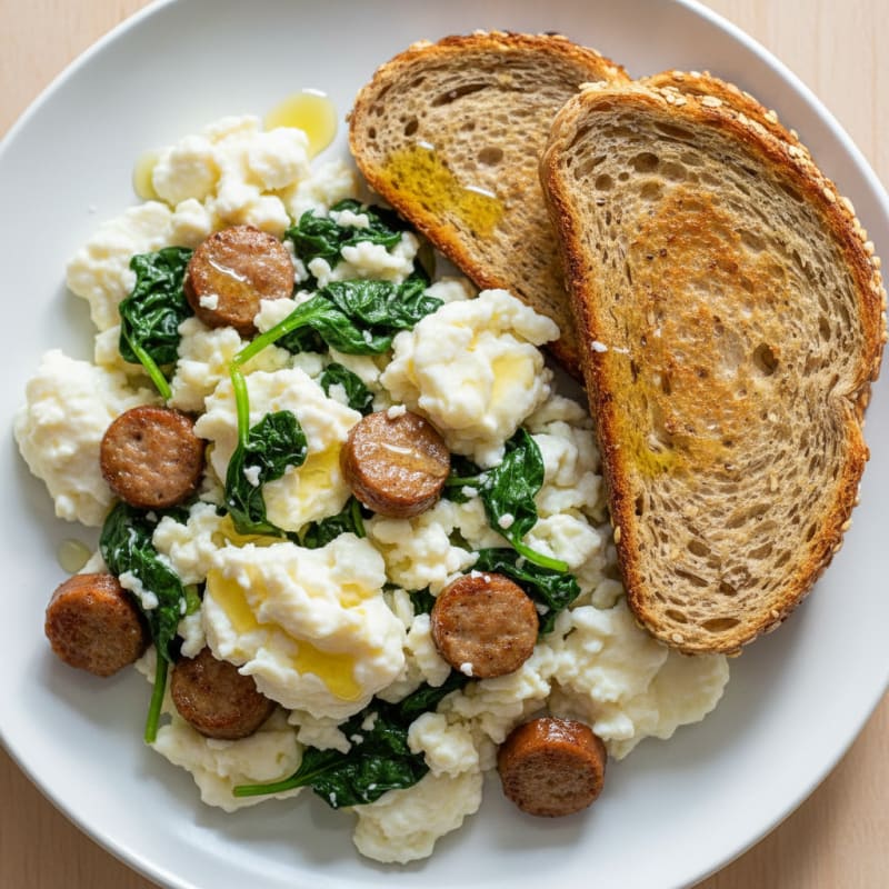 Egg White Scramble with Turkey Sausage and Sautéed Spinach
