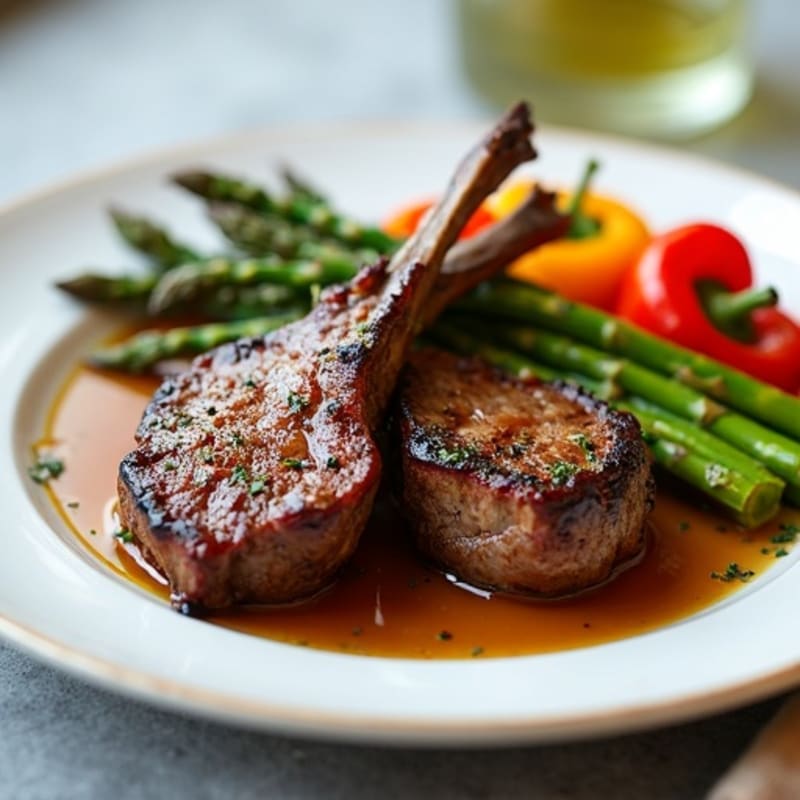 Tender Grilled Herb Lamb Chops with Roasted Asparagus and Bell Peppers