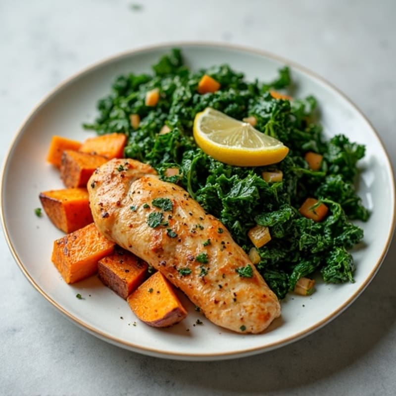 Hearty Sautéed Greens with Lemon Herb Chicken and Roasted Sweet Potatoes