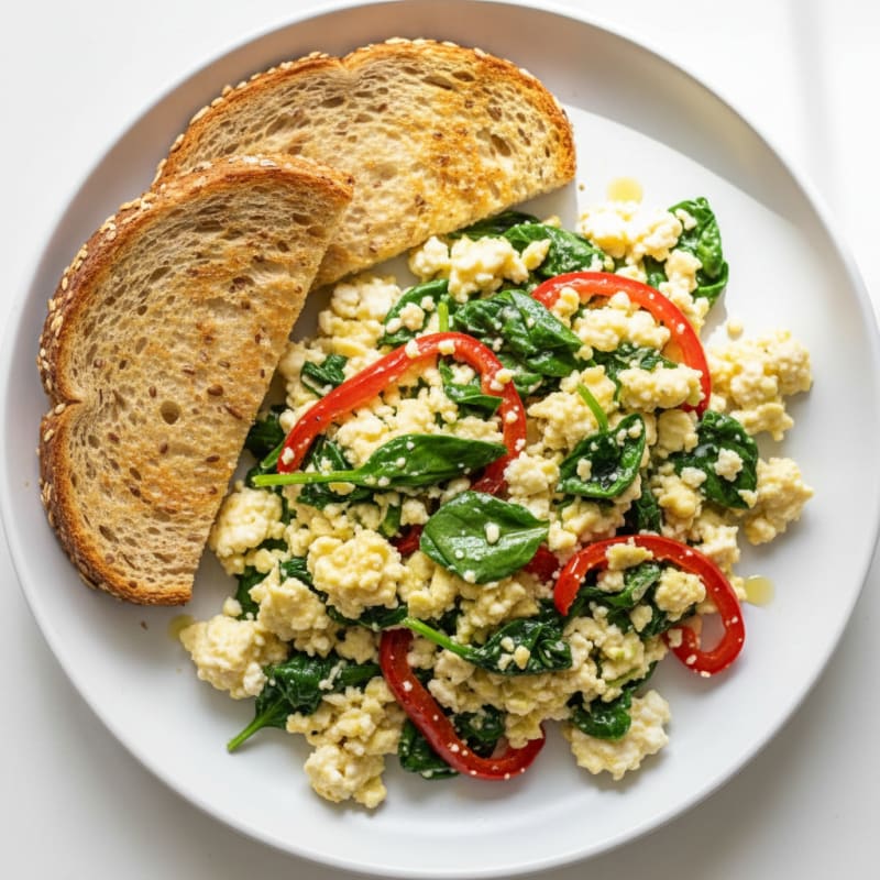 Cottage Cheese Egg Scramble with Roasted Red Peppers and Spinach