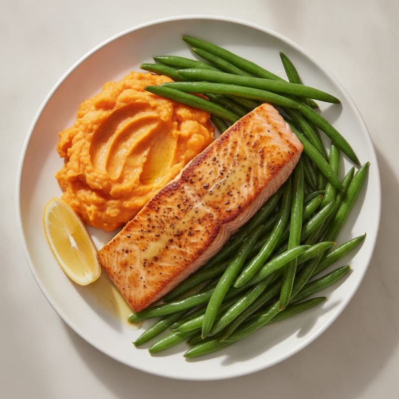 Seared Salmon with Steamed Green Beans and Sweet Potato Mash