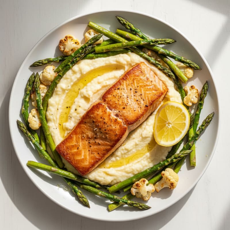 Pan Seared Salmon with Roasted Asparagus and Cauliflower Mash