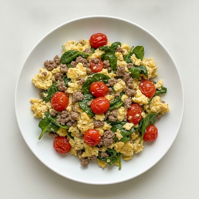 Scrambled Eggs with Lean Ground Beef and Spinach