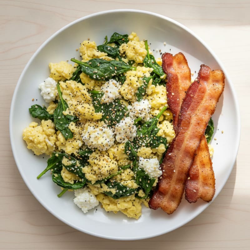 Cottage Cheese Scramble with Spinach and Turkey Bacon