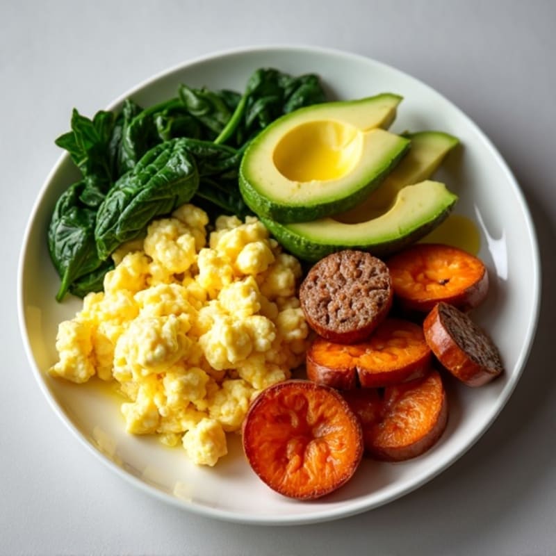 Egg White and Turkey Sausage Scramble with Spinach and Roasted Sweet Potato