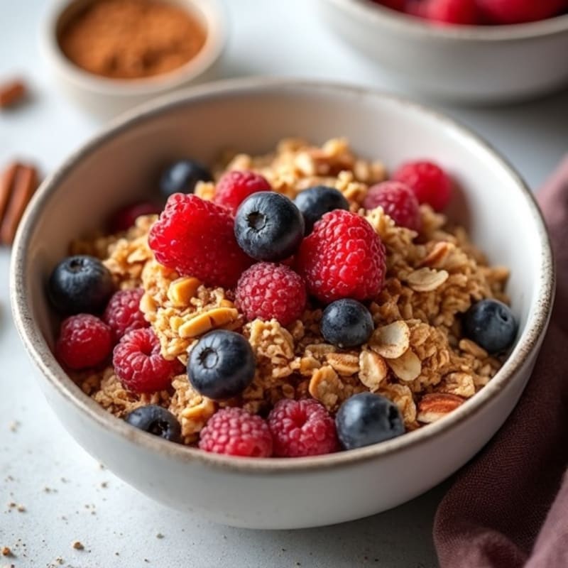 Warm Cinnamon Baked Oatmeal with Berries and Crunchy Pecans