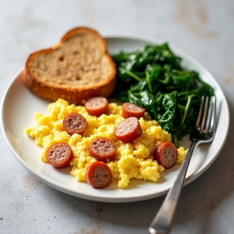 Egg White Scramble with Turkey Sausage and Sautéed Spinach with Whole Wheat Toast