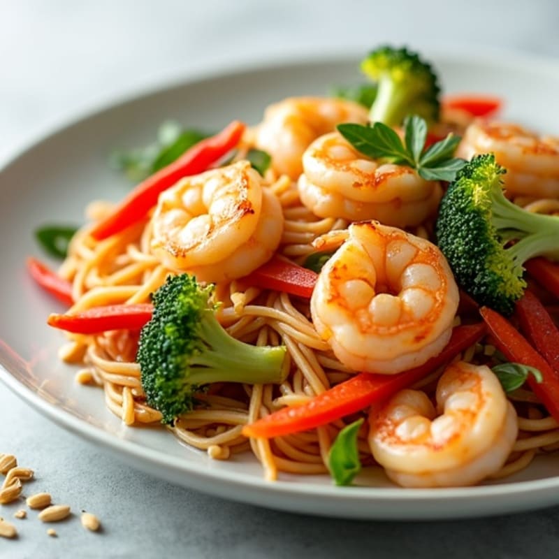 Shrimp Stir-Fried Noodles with Fresh Vegetables and Crushed Peanuts