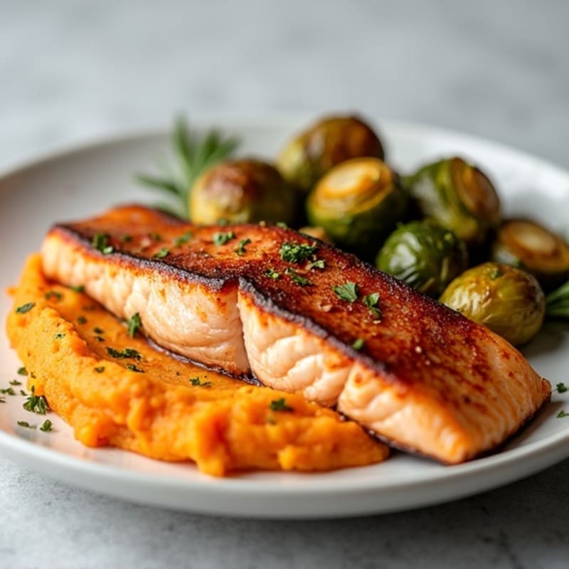 Seared Salmon with Roasted Brussels Sprouts and Sweet Potato Mash