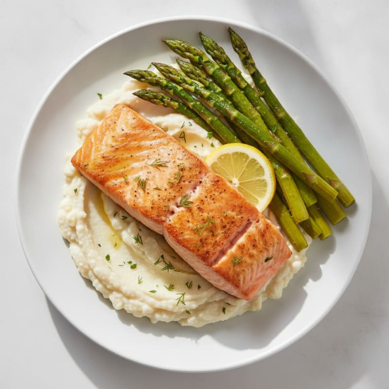 Seared Salmon with Roasted Asparagus and Cauliflower Mash