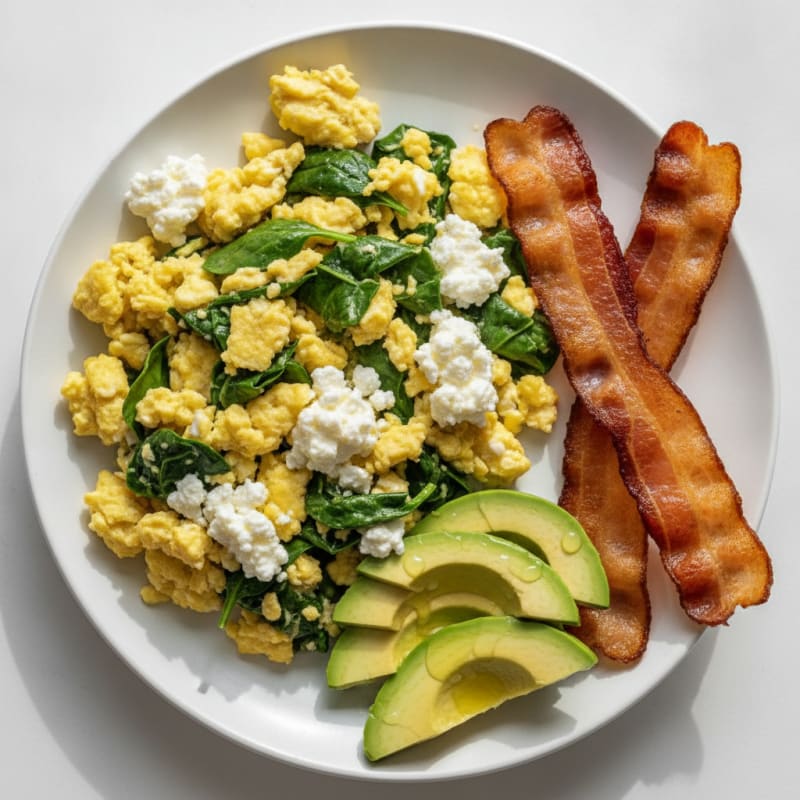 Cottage Cheese Egg Scramble with Spinach and Turkey Bacon