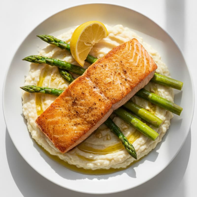Seared Salmon with Steamed Asparagus and Garlic Mashed Cauliflower