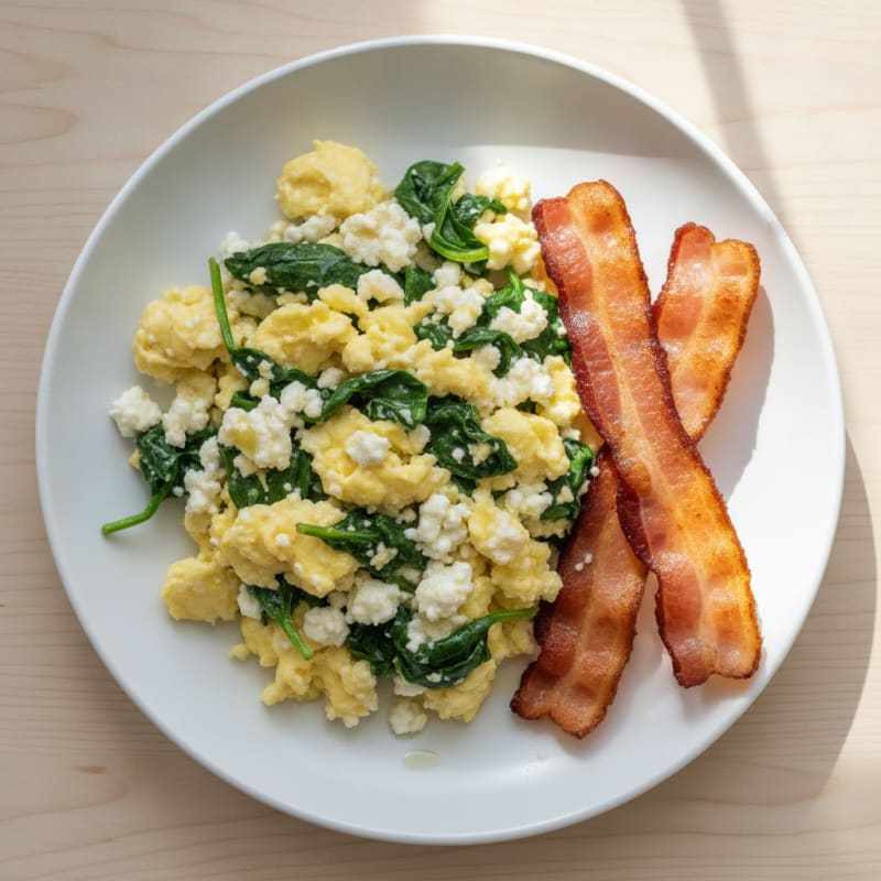 Cottage Cheese Egg Scramble with Spinach and Turkey Bacon