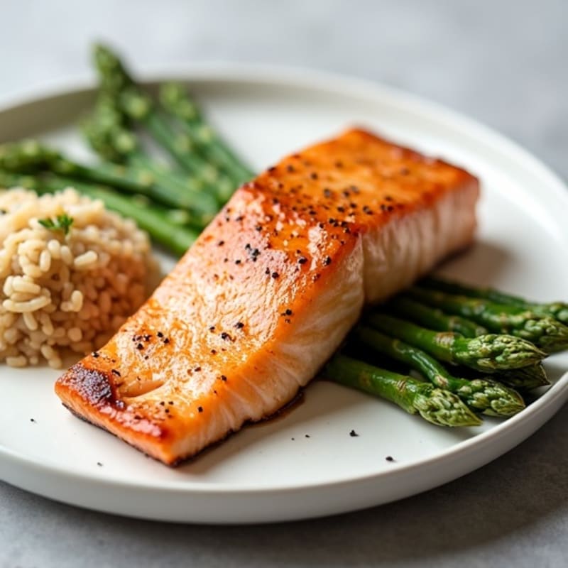 Seared Salmon Fillet with Steamed Asparagus and Brown Rice