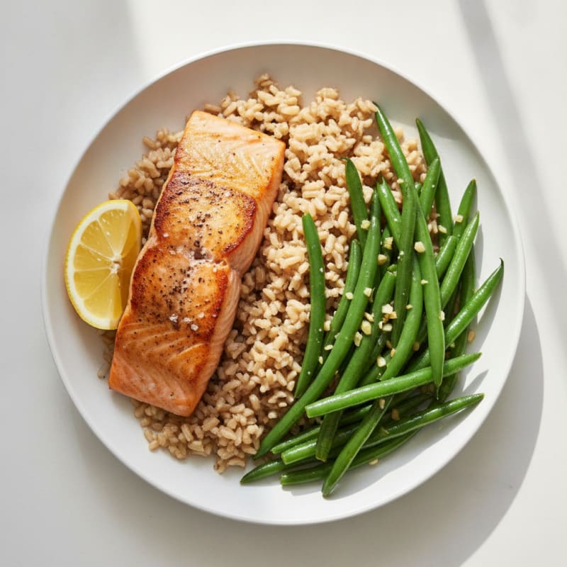 Seared Salmon Fillet with Garlic Green Beans and Brown Rice