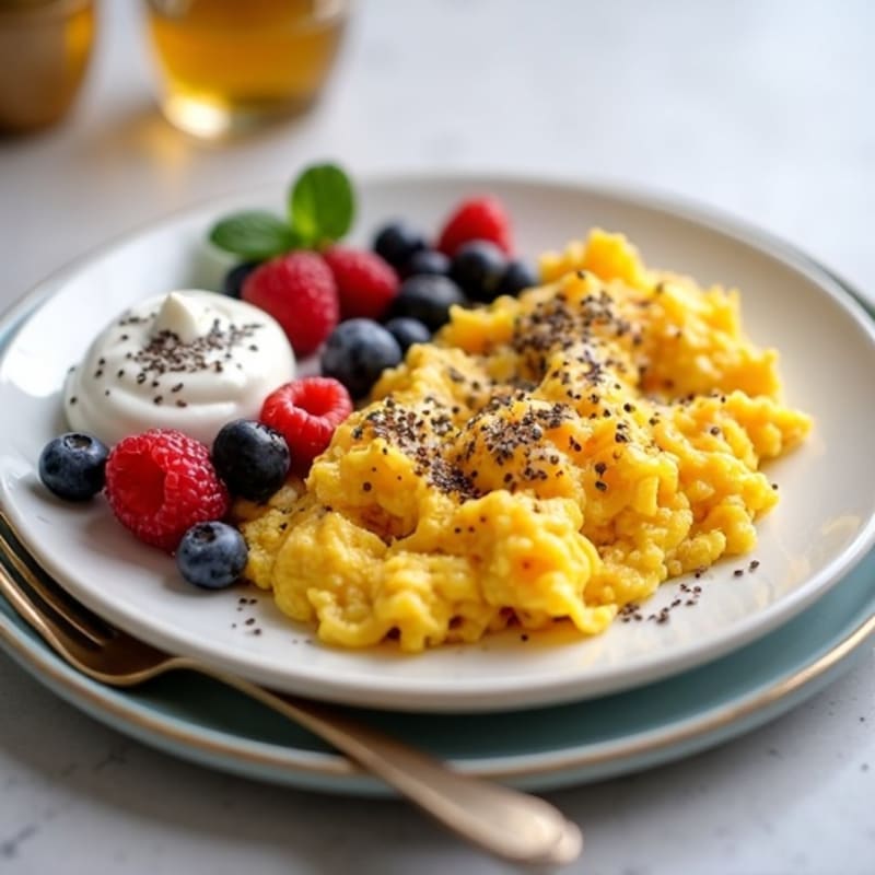 Fluffy Turkey Scrambled Eggs with Creamy Berry Yogurt and Chia