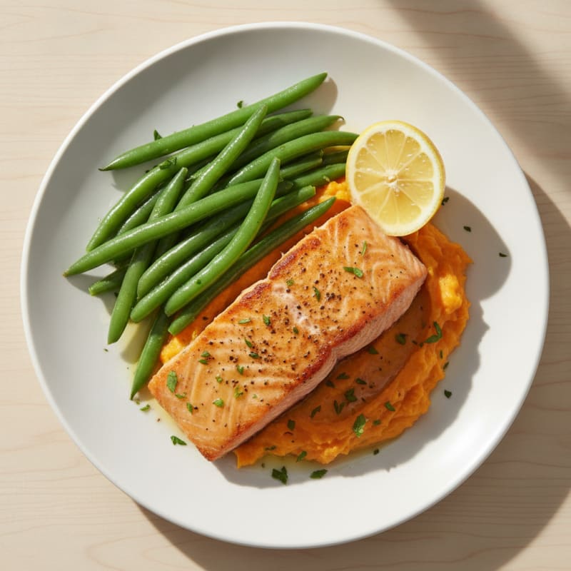 Seared Salmon Fillet with Steamed Green Beans and Sweet Potato Mash