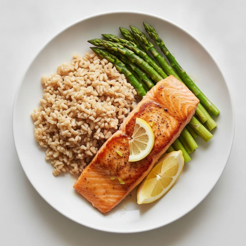 Seared Salmon with Steamed Asparagus and Brown Rice