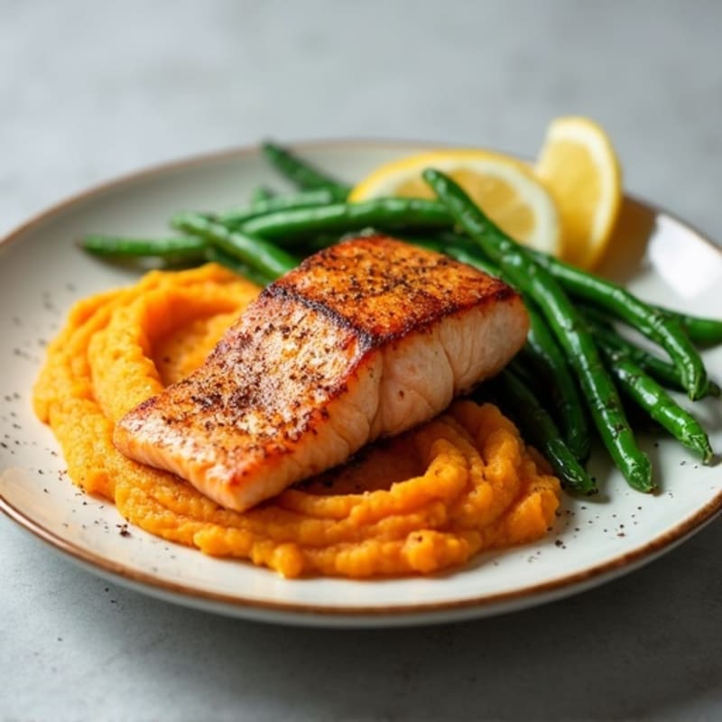 Seared Salmon Fillet with Steamed Green Beans and Sweet Potato Mash