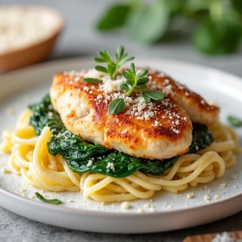 Creamy Chicken Carbonara with Crispy Turkey Bacon and Spinach