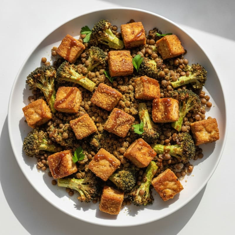 Crispy Tempeh Power Bowl with Lentils and Roasted Broccoli